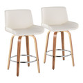 Santi 25" Mid-Century Modern Fixed-Height Counter Stool with Swivel in Zebra Wood and White Faux Leather with Round Chrome Metal Footrest- Set of 2 — pair view