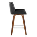 Santi counter stool in Walnut Wood, Chrome Metal, Black PU, side view, featuring swivel and wood frame