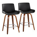 Santi 25" Mid-Century Modern Fixed-Height Counter Stool with Swivel in Walnut Wood and Black Faux Leather with Square Chrome Metal Footrest- Set of 2 — pair view