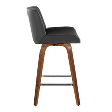Santi counter stool in Walnut Wood, Chrome Metal, Grey PU, side view, featuring swivel and wood frame