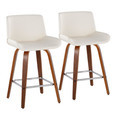 Santi 25" Mid-Century Modern Fixed-Height Counter Stool with Swivel in Walnut Wood and White Faux Leather with Square Chrome Metal Footrest- Set of 2 — pair view