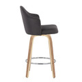 Ahoy counter stool in Zebra Wood, Chrome, Charcoal Fabric, side view, featuring swivel and wood frame