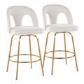 Ava Upholstered 26" Contemporary Fixed-Height Counter Stool with Swivel in Gold Metal and Snow White Fabric with Round Gold Metal Footrest- Set of 2 — pair view