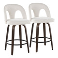 Ava Upholstered 26" Contemporary Fixed-Height Counter Stool with Swivel in Walnut Glazed Wood and Snow White Fabric with Rounded Black Metal Footrest- Set of 2 — pair view
