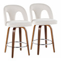 Ava Upholstered 26" Contemporary Fixed-Height Counter Stool with Swivel in Walnut Wood and Snow White Fabric with Round Chrome Metal Footrest- Set of 2 — pair view