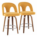 Ava Upholstered 26" Contemporary Fixed-Height Counter Stool with Swivel in Walnut Wood and Yellow Fabric with Round Chrome Metal Footrest- Set of 2 — pair view