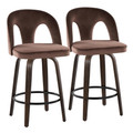 Ava Upholstered 26" Contemporary Fixed-Height Counter Stool with Swivel in Walnut Glazed Wood and Espresso Velvet with Round Black Metal Footrest- Set of 2 — pair view