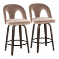 Ava Upholstered 26" Contemporary Fixed-Height Counter Stool with Swivel in Walnut Glazed Wood and Taupe Velvet with Round Black Metal Footrest- Set of 2 — pair view