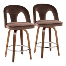 Ava Upholstered 26" Contemporary Fixed-Height Counter Stool with Swivel in Walnut Wood and Espresso Velvet with Round Chrome Metal Footrest- Set of 2 — pair view