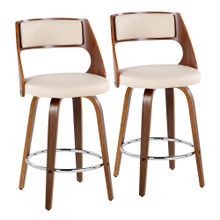 Cecina Mid-Century Modern 26" Fixed-Height Counter Stool with Swivel in Walnut Wood and Cream Faux Leather with Round Chrome Metal Footrest- Set of 2 — pair view