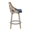 Charlotte counter stool in Whitewashed Wood, Blue Fabric, Black Metal, side view, featuring swivel and upholstered seat