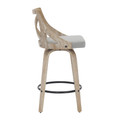 Charlotte counter stool in Whitewashed Wood, Light Grey Fabric, side view, featuring swivel and upholstered seat