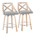 Charlotte 26" Farmhouse Fixed-Height Counter Stool with Swivel in Whitewashed Wood and Light Grey Fabric with Round Chrome Metal Footrest- Set of 2 — pair view