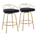 Charlotte Glam 26" Glam/art Deco Fixed-Height Counter Stool with Swivel in Gold Metal and Black Velvet with Round Footrest- Set of 2 — pair view