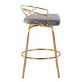 Charlotte counter stool in Gold Metal, Grey Velvet, side view, featuring swivel and metal footrest