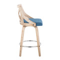 Charlotte counter stool in Whitewashed Wood, Chrome Metal, Blue Fabric, side view, featuring swivel and upholstered seat