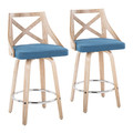 Charlotte 26" Farmhouse Fixed-Height Counter Stool with Swivel in Whitewashed Wood and Blue Fabric with Round Chrome Metal Footrest- Set of 2 — pair view