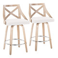 Charlotte 26" Farmhouse Fixed-Height Counter Stool with Swivel in Whitewashed Wood and Cream Fabric with Round Chrome Metal Footrest- Set of 2 — pair view