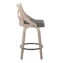 Charlotte counter stool in Light Grey Wood, Grey PU, Black Metal, side view, featuring swivel and upholstered seat