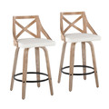 Charlotte 26" Farmhouse Fixed-Height Counter Stool with Swivel in Whitewashed Wood and White Faux Leather with Round Black Metal Footrest- Set of 2 — pair view