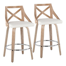 Charlotte 26" Farmhouse Fixed-Height Counter Stool with Swivel in Whitewashed Wood and White Faux Leather with Round Chrome Metal Footrest- Set of 2 — pair view