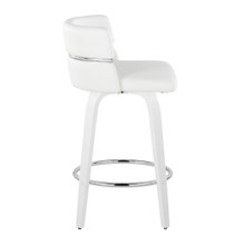 Cinch counter stool in White Wood, White PU, Chrome Metal, side view, featuring swivel and wood frame