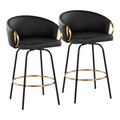Claire 26" Contemporary/Glam Fixed-Height Counter Stool with Swivel in Black Metal  and Black Faux Leather with Round Gold Metal Footrest- Set of 2 — pair view