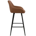Clubhouse counter stool in Black Metal, Brown PU, Grey Zig Zag Stitching, side view, featuring metal footrest