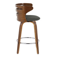 Cosi counter stool in Walnut Wood, Charcoal Fabric, Chrome Metal, side view, featuring swivel and wood frame