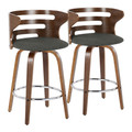 Cosini 26" Mid-Century Modern Fixed-Height Counter Stool with Swivel in Walnut Wood and Charcoal Fabric with Round Chrome Metal Footrest- Set of 2 — pair view