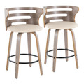 Cosini 26" Mid-Century Modern Fixed-Height Counter Stool with Swivel in Light Grey Wood and Cream Faux Leather with Round Black Metal Footrest- Set of 2 — pair view