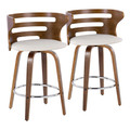 Cosini 26" Mid-Century Modern Fixed-Height Counter Stool with Swivel in Walnut Wood and Cream Faux Leather with Round Chrome Metal Footrest- Set of 2 — pair view