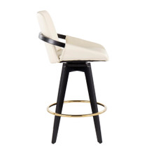 Cosmo counter stool in Black Wood, Gold Metal, Cream PU, side view, featuring swivel and wood frame