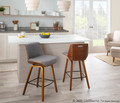 Corazza counter stool in Walnut Wood, Light Grey Fabric, Black Metal