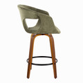 Curvo counter stool in Walnut Wood, Green Fabric, Black Metal, side view, featuring swivel and wood frame