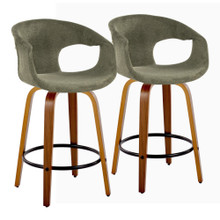 Curva 26" Mid-Century Modern Fixed-Height Counter Stool with Swivel in Walnut Wood and Green Fabric with Round Black Metal Footrest- Set of 2 — pair view