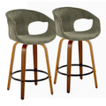 Curva 26" Mid-Century Modern Fixed-Height Counter Stool with Swivel in Walnut Wood and Green Fabric with Round Black Metal Footrest- Set of 2 — pair view