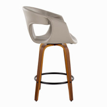 Curvo counter stool in Walnut Wood, Light Grey PU, Black Metal, side view, featuring swivel and wood frame