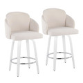Dahlia 26" Contemporary Fixed-Height Counter Stool with Swivel in White Wood and Cream Fabric with Round Chrome Footrest- Set of 2 — pair view