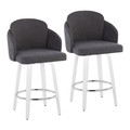 Dahlia 26" Contemporary Fixed-Height Counter Stool with Swivel in White Wood and Grey Fabric with Round Chrome Footrest- Set of 2 — pair view