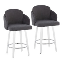 Dahlia 26" Contemporary Fixed-Height Counter Stool with Swivel in White Wood and Grey Fabric with Round Chrome Footrest- Set of 2 — pair view
