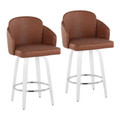 Dahlia 26" Contemporary Fixed-Height Counter Stool with Swivel in White Wood and Camel Faux Leather with Round Chrome Footrest- Set of 2 — pair view