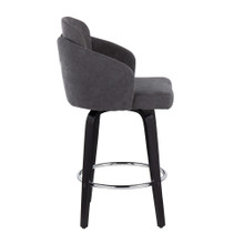 Dahlia counter stool in Black Wood, Grey Fabric, Chrome, side view, featuring swivel and wood frame