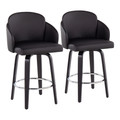 Dahlia Contemporary Counter Stool in Black Wood and Black Faux Leather with Round Chrome Footrest- Set of 2 — pair view