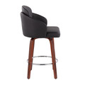 Dahlia counter stool in Walnut Wood, Black PU, Chrome, side view, featuring swivel and wood frame