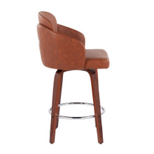 Dahlia counter stool in Walnut Wood, Camel PU, Chrome, side view, featuring swivel and wood frame