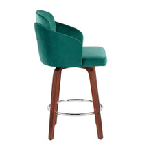 Dahlia counter stool in Walnut Wood, Green Velvet, Chrome, Gold Metal, side view, featuring swivel and wood frame