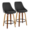 Diana 26" Contemporary Fixed-Height Counter Stool with Swivel in Walnut Wood and Black Faux Leather with Round Black Metal Footrest- Set of 2 — pair view