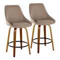 Diana 26" Contemporary Fixed-Height Counter Stool with Swivel in Walnut Wood and Brown Faux Leather with Round Black Metal Footrest- Set of 2 — pair view