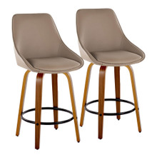Diana 26" Contemporary Fixed-Height Counter Stool with Swivel in Walnut Wood and Brown Faux Leather with Round Black Metal Footrest- Set of 2 — pair view